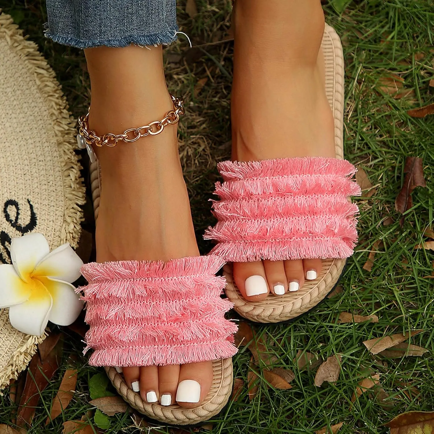 Womens Boho Sandals Woven Indoor Breathable Outdoor Shoes Flax Cross House Slippers Summer Outdoor Sandal