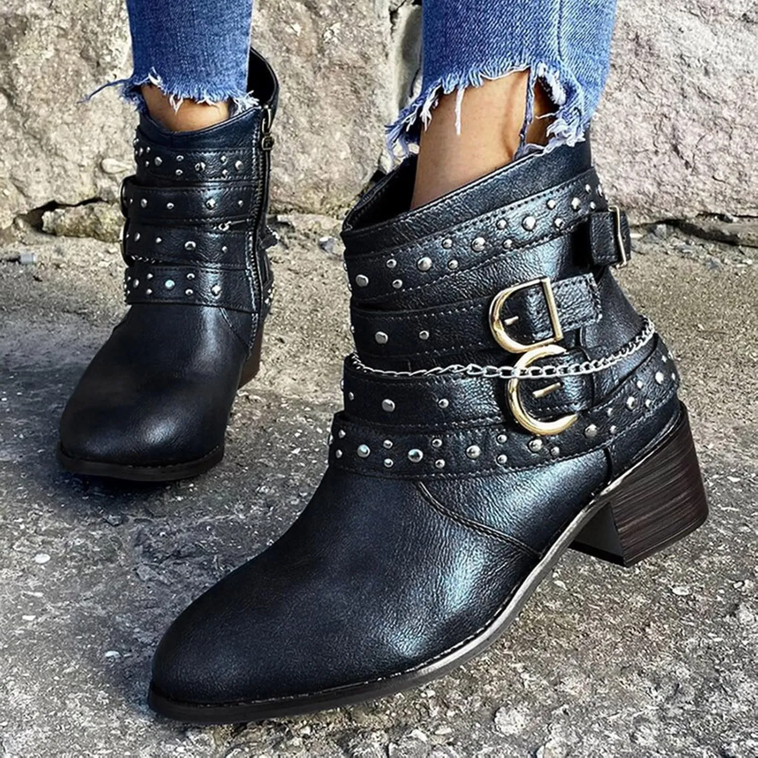 Womens Boots Retro Button Chain Thick Heel Round Toe Fashion Boots for Women Durable Soft Leather Winter Boots