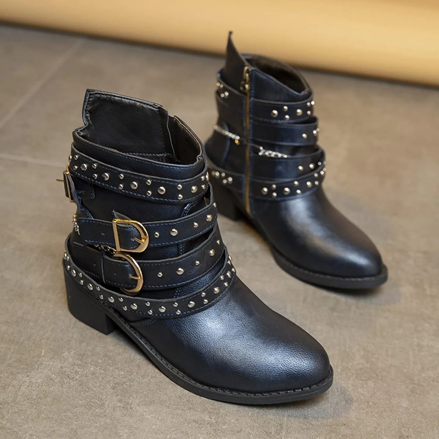 Womens Boots Retro Button Chain Thick Heel Round Toe Fashion Boots for Women Durable Soft Leather Winter Boots