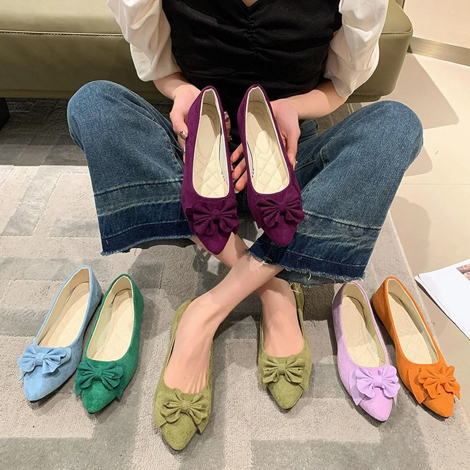 Women's Bow Ballet Flats Pointed Toe Low Wedge Slip-On Bridal Shoes, Suede Comfort Pumps for Formal Events