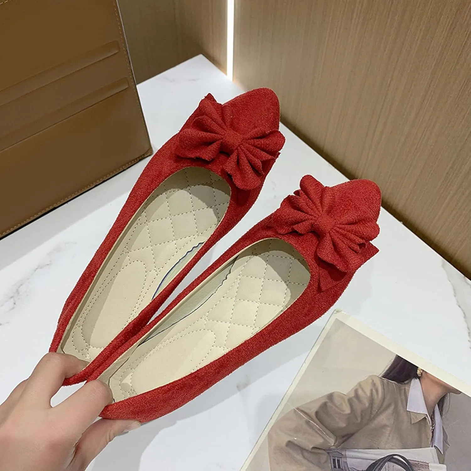 Women's Bow Ballet Flats Pointed Toe Low Wedge Slip-On Bridal Shoes, Suede Comfort Pumps for Formal Events