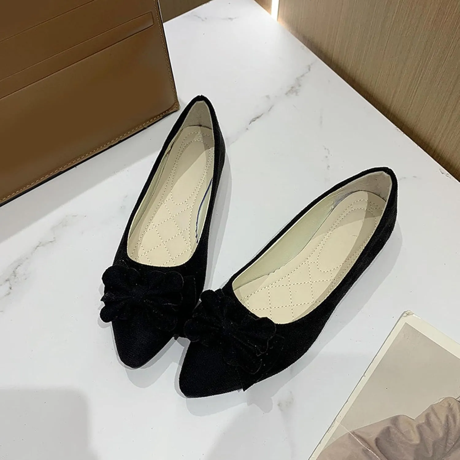 Women's Bow Ballet Flats Pointed Toe Low Wedge Slip-On Bridal Shoes, Suede Comfort Pumps for Formal Events