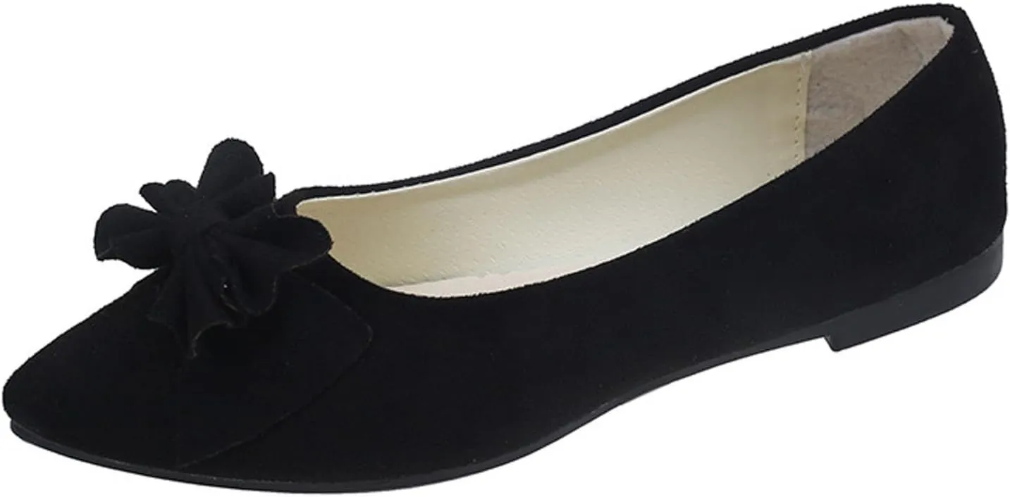 Women's Bow Ballet Flats Pointed Toe Low Wedge Slip-On Bridal Shoes, Suede Comfort Pumps for Formal Events
