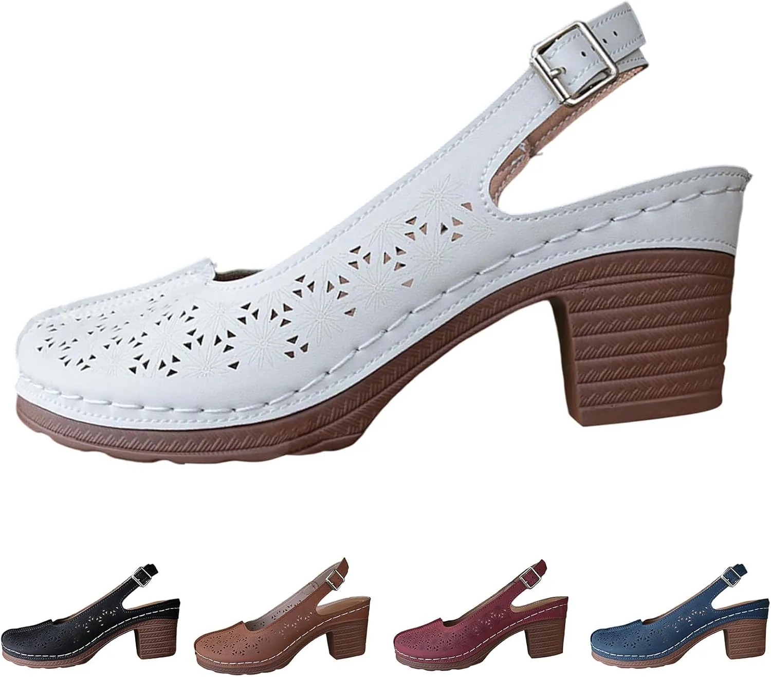 Womens Closed Round Toe Dress Shoes Vamp Sandals Chunky Heel Ankle Strap Retro Roman Sandals Hollow Out Breathable Lightweight Shoes Comfortable Beach Sandal