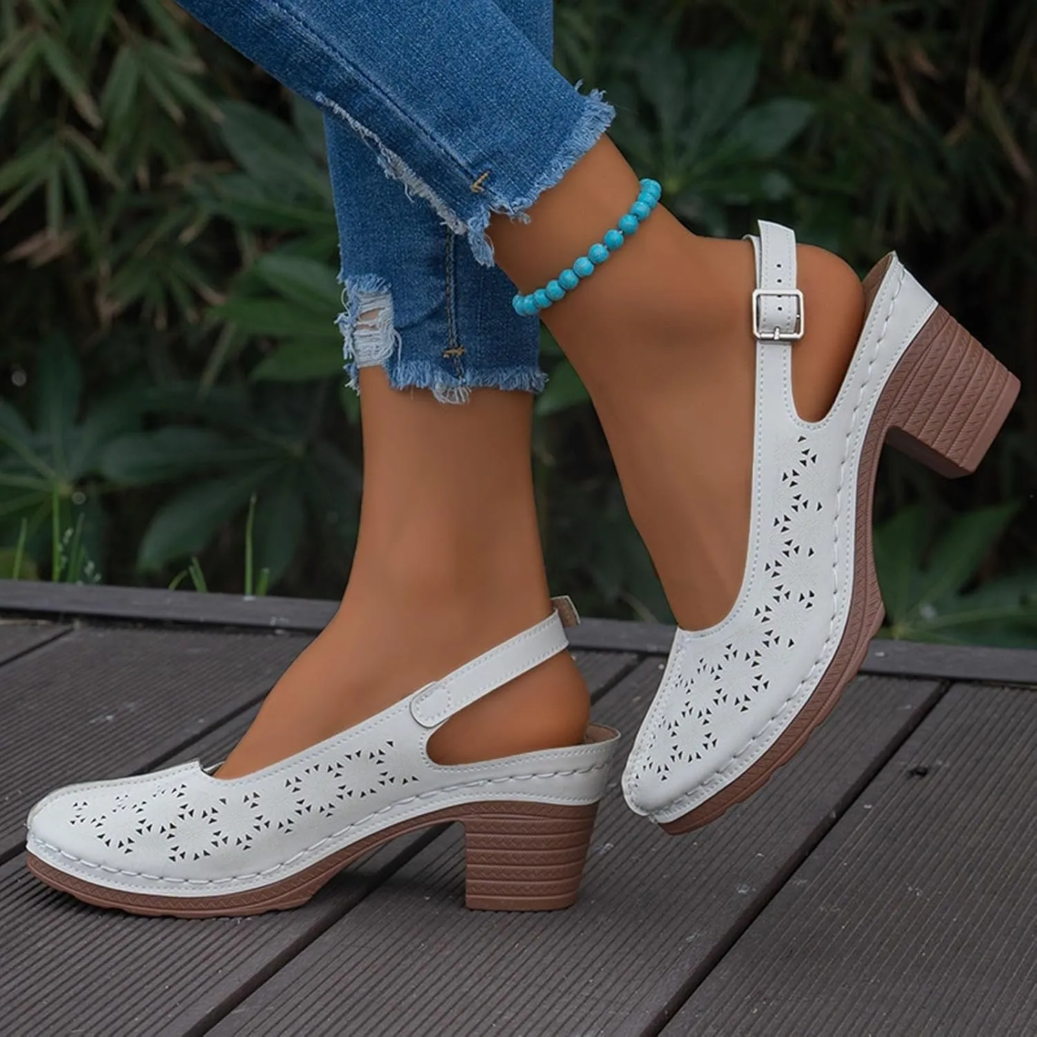 Womens Closed Round Toe Dress Shoes Vamp Sandals Chunky Heel Ankle Strap Retro Roman Sandals Hollow Out Breathable Lightweight Shoes Comfortable Beach Sandal