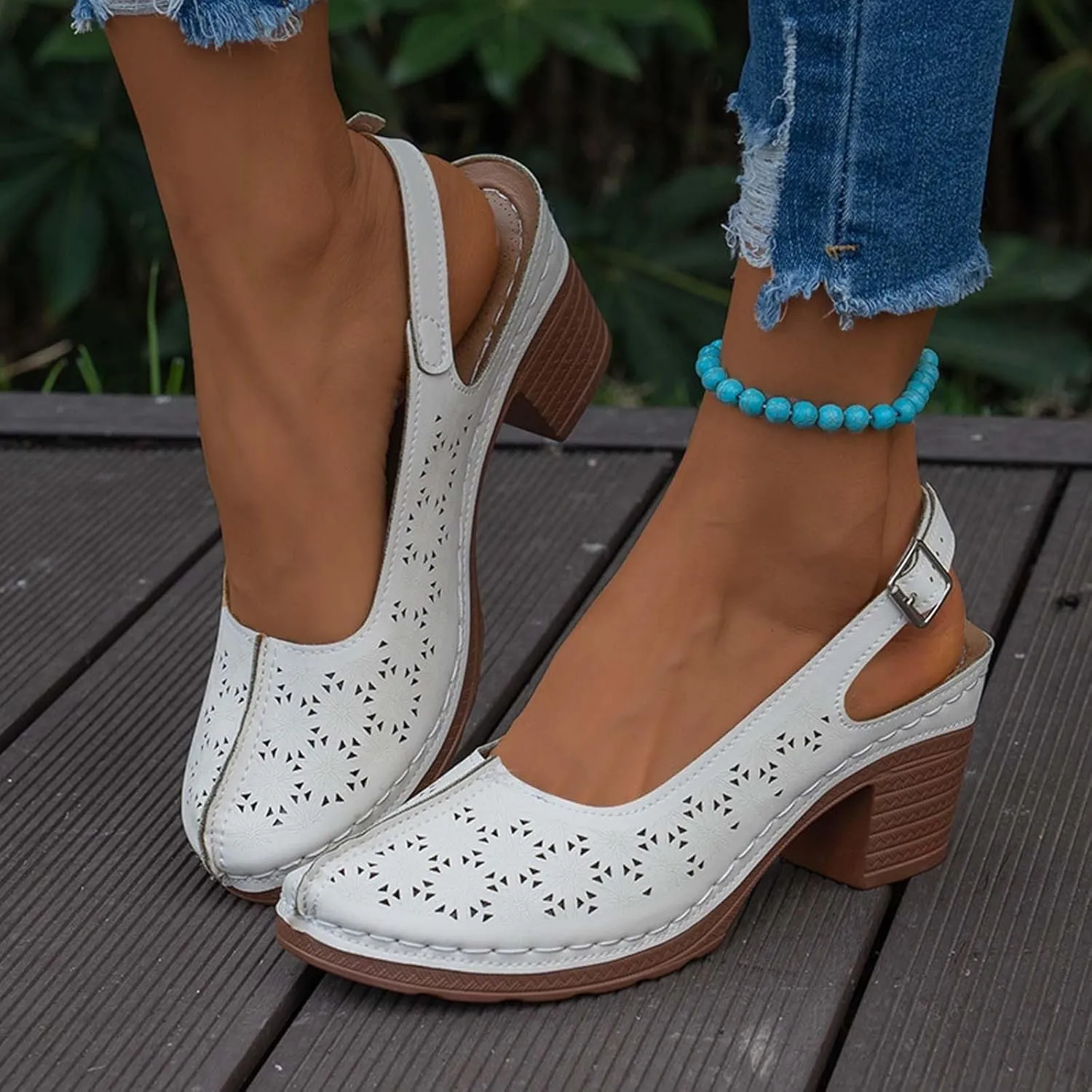 Womens Closed Round Toe Dress Shoes Vamp Sandals Chunky Heel Ankle Strap Retro Roman Sandals Hollow Out Breathable Lightweight Shoes Comfortable Beach Sandal