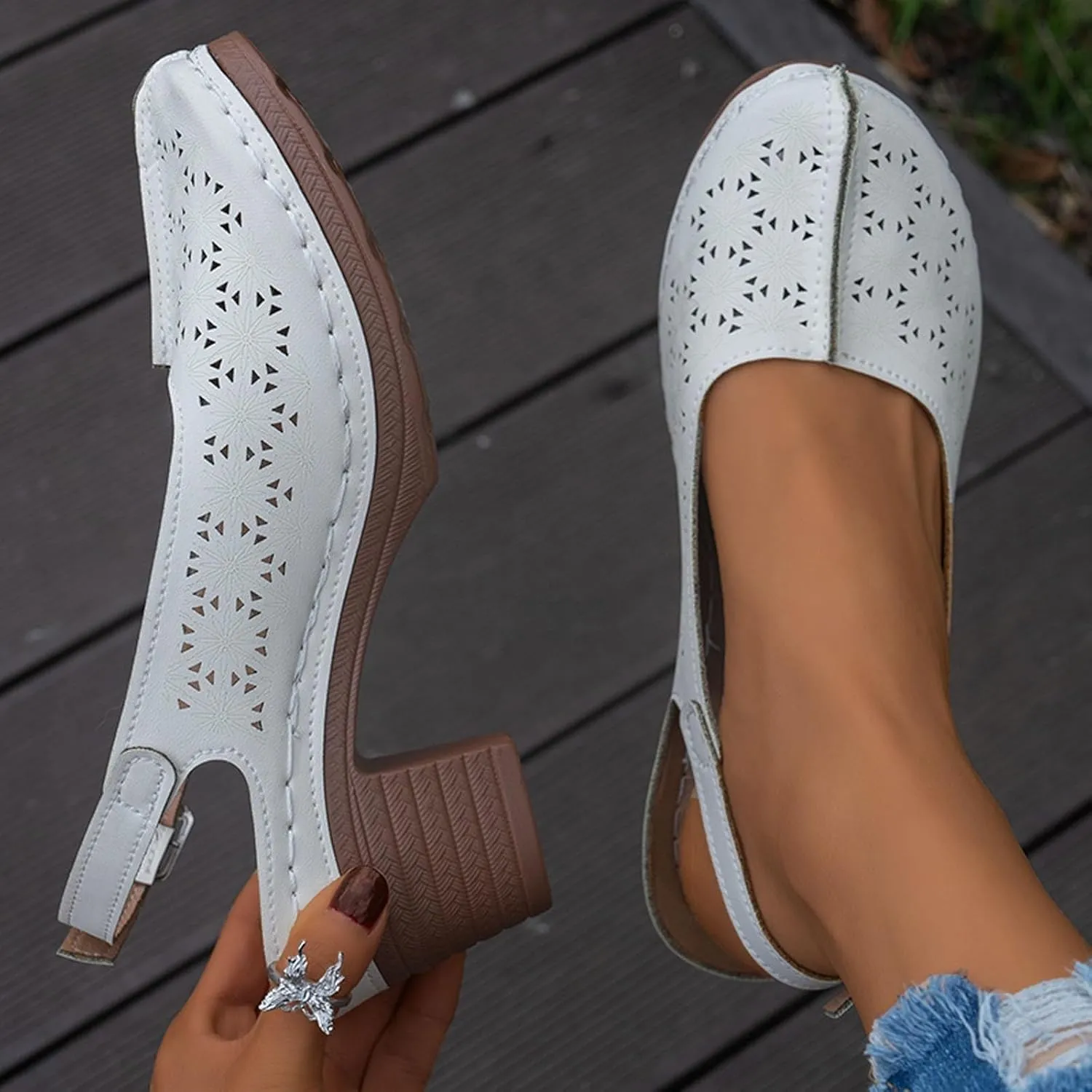 Womens Closed Round Toe Dress Shoes Vamp Sandals Chunky Heel Ankle Strap Retro Roman Sandals Hollow Out Breathable Lightweight Shoes Comfortable Beach Sandal