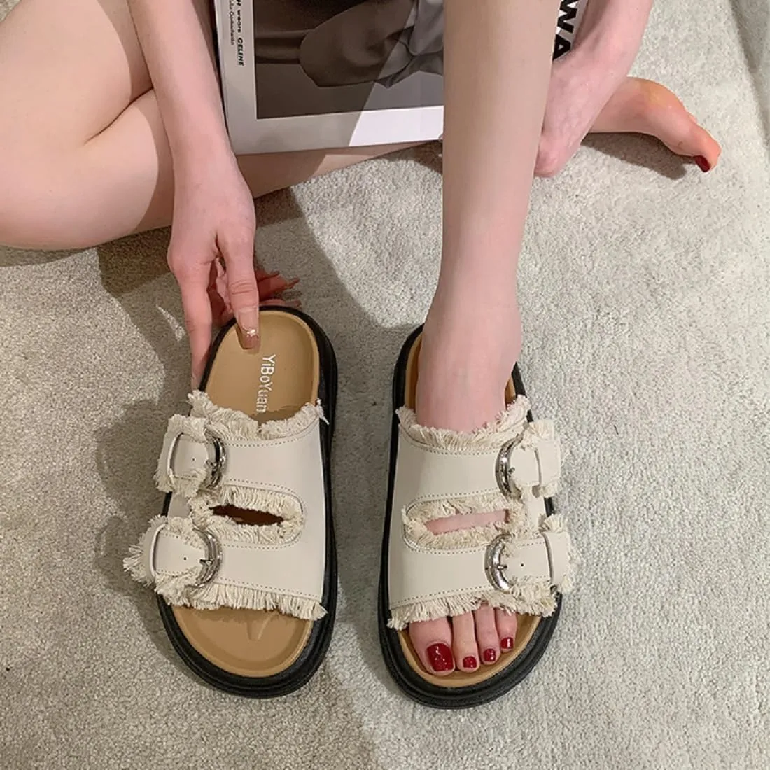 Women's Comfort Flat Sandals Double Buckle Adjustable Straps Flat Slides Footbed Suede