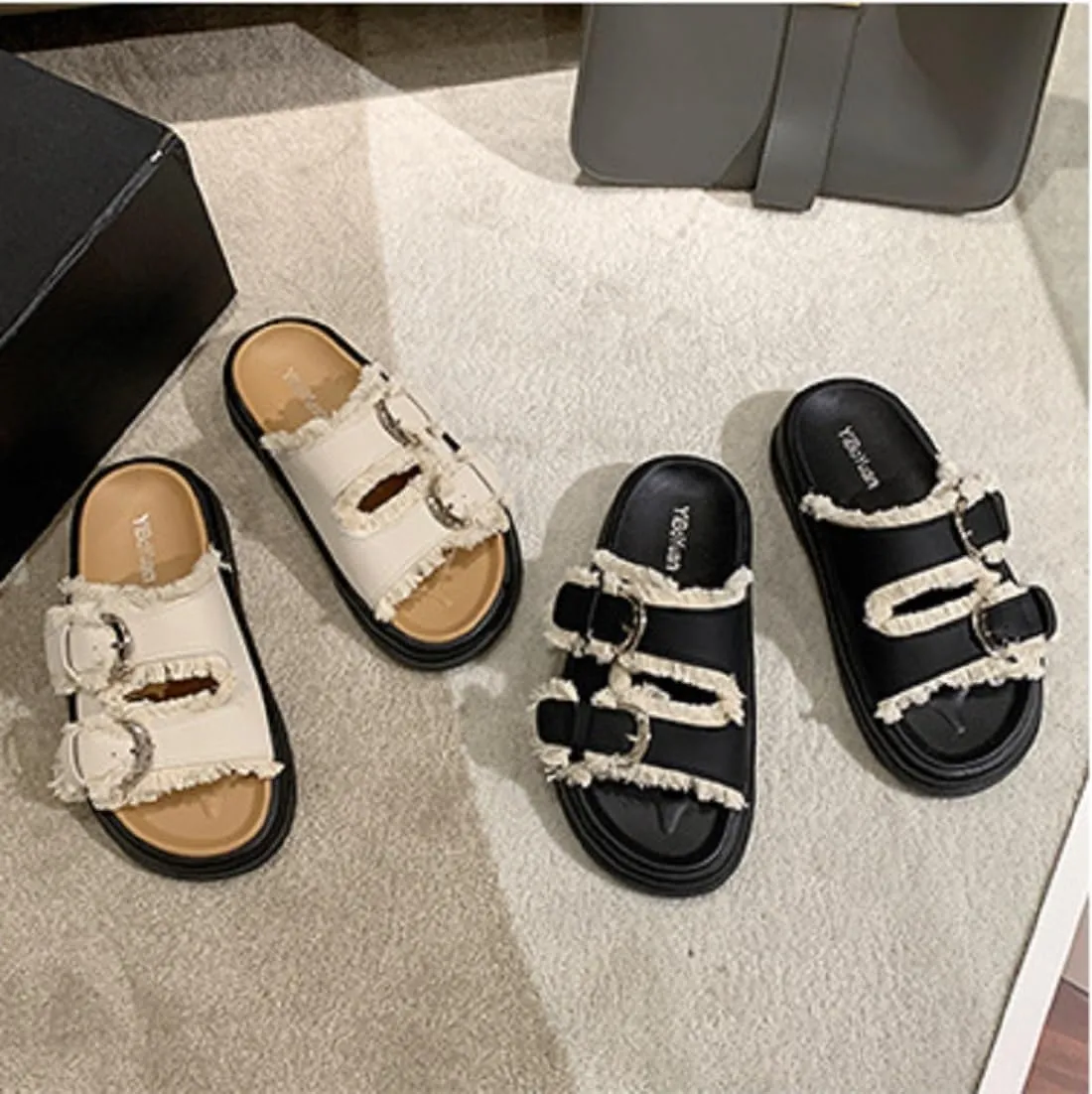 Women's Comfort Flat Sandals Double Buckle Adjustable Straps Flat Slides Footbed Suede