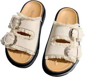 Women's Comfort Flat Sandals Double Buckle Adjustable Straps Flat Slides Footbed Suede