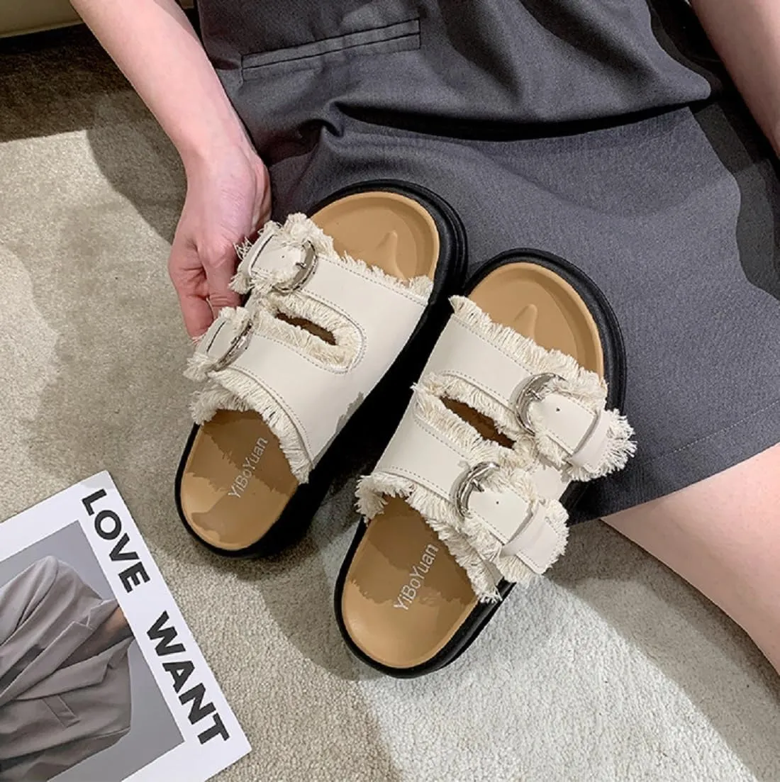 Women's Comfort Flat Sandals Double Buckle Adjustable Straps Flat Slides Footbed Suede