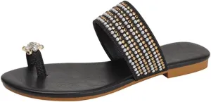 Womens Flats Sandals Gladiator Sandals Toe Ring Rhinestone Slide Sandal For Summer Dressy