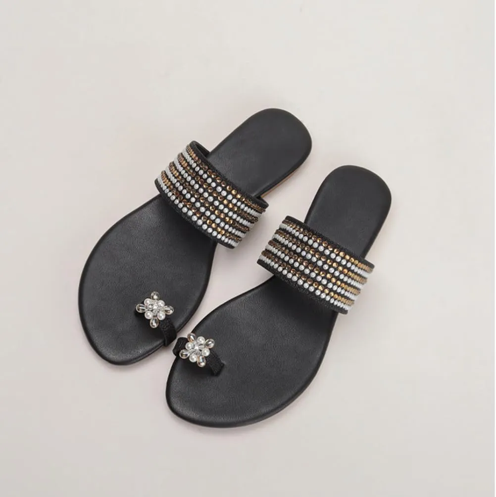 Womens Flats Sandals Gladiator Sandals Toe Ring Rhinestone Slide Sandal For Summer Dressy