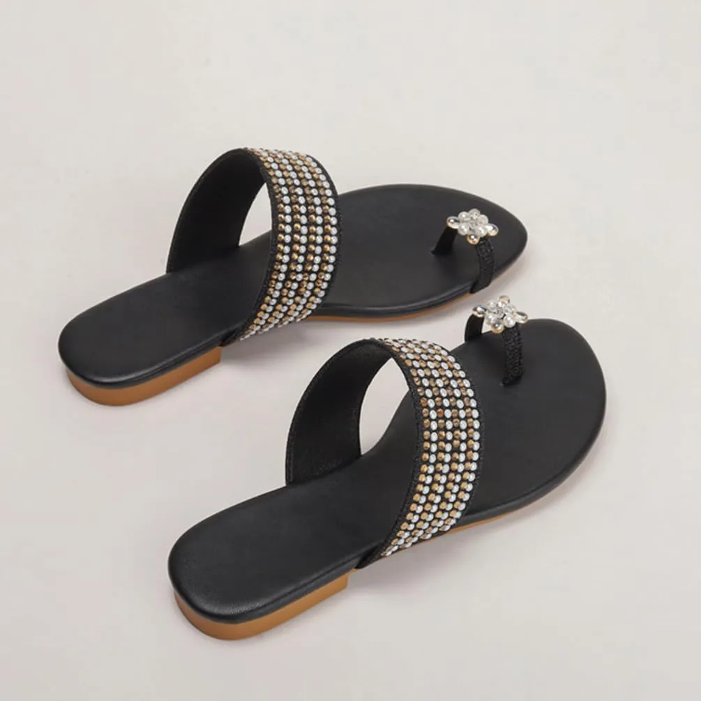 Womens Flats Sandals Gladiator Sandals Toe Ring Rhinestone Slide Sandal For Summer Dressy