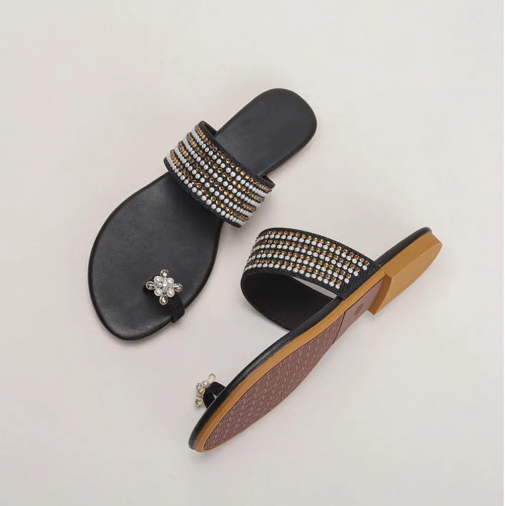 Womens Flats Sandals Gladiator Sandals Toe Ring Rhinestone Slide Sandal For Summer Dressy