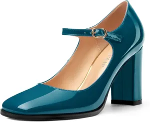 Women's Mary Jane Heels, Chunky Heels Mary Jane Square Toe Pumps One Strap Patent Leather Block High Heels Dress Shoes 3.15 Inch