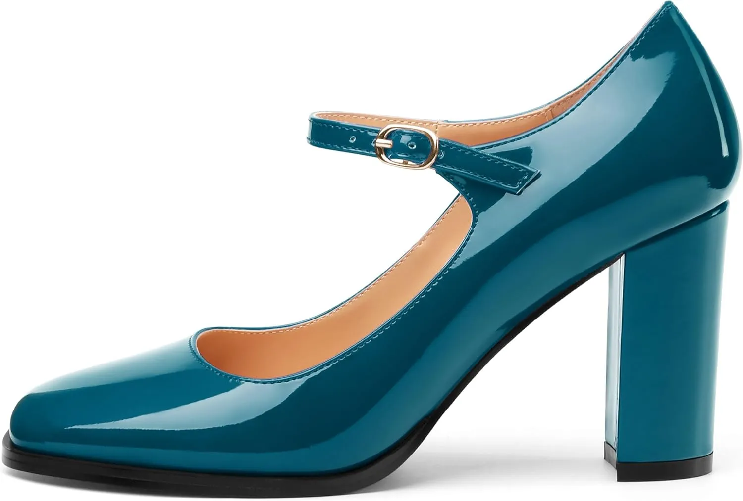 Women's Mary Jane Heels, Chunky Heels Mary Jane Square Toe Pumps One Strap Patent Leather Block High Heels Dress Shoes 3.15 Inch