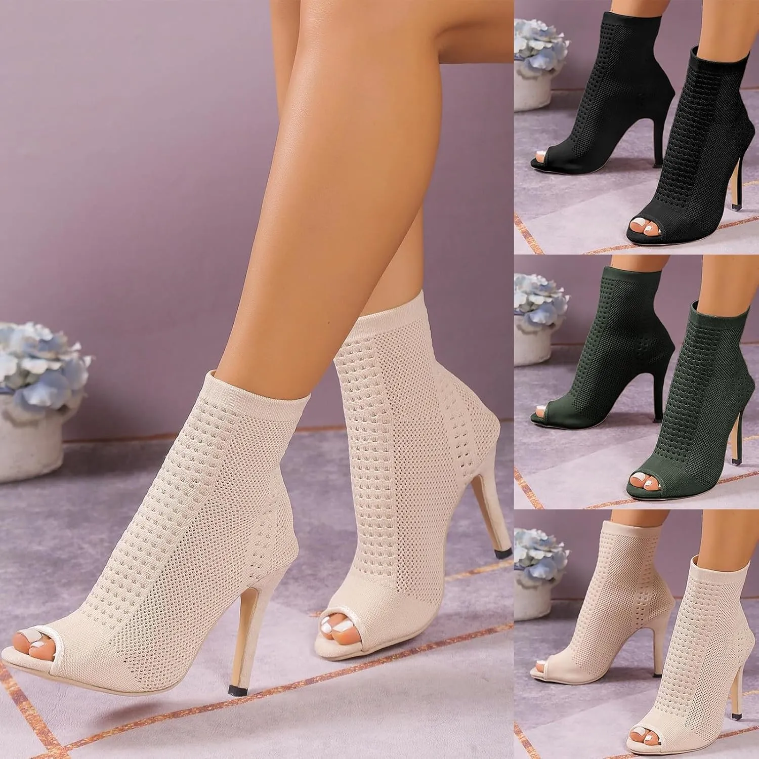 Women's Mesh Sandals Open Toe High Top Sandals Black Lace up Summer Boots Party Sexy Heels Shoes Stiletto