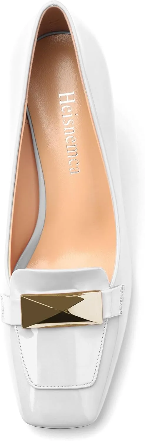 Womens Mid high Heels,Metal Buckle Patent Square Toe Pumps,Slip-on Loafers,Office Classic Casual Shoes 2.5IN
