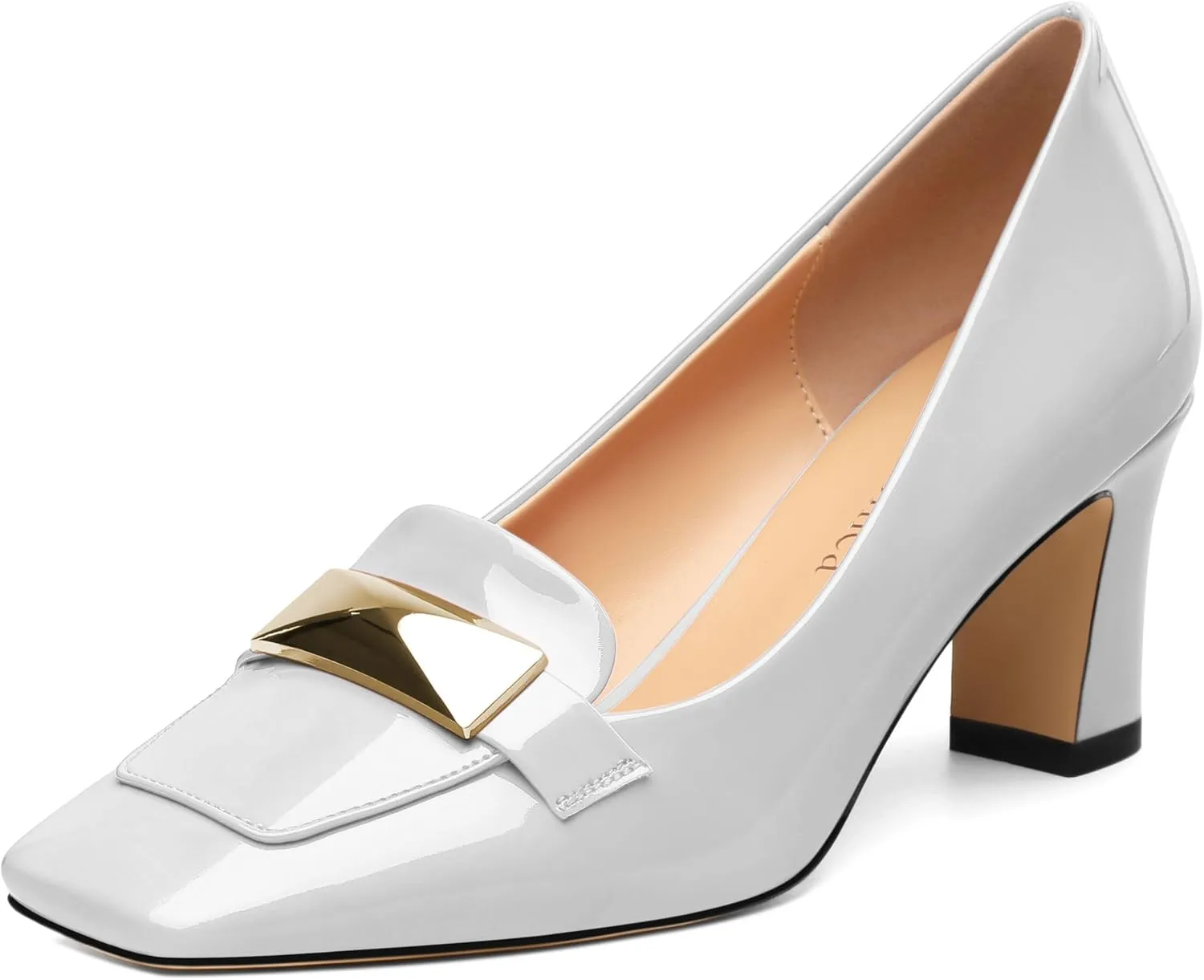 Womens Mid high Heels,Metal Buckle Patent Square Toe Pumps,Slip-on Loafers,Office Classic Casual Shoes 2.5IN