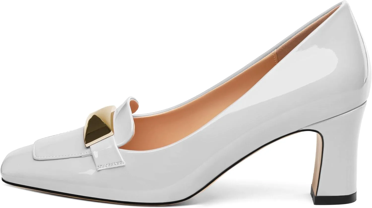 Womens Mid high Heels,Metal Buckle Patent Square Toe Pumps,Slip-on Loafers,Office Classic Casual Shoes 2.5IN