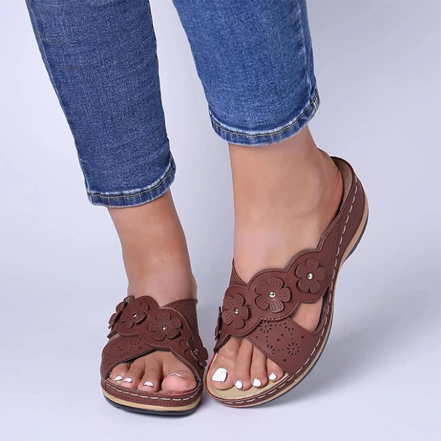 Women's Platform Wedge Orthopedic Sandals Comfort Open Toe Cross Strap Flowers Slide Sandal Slip On Slippers
