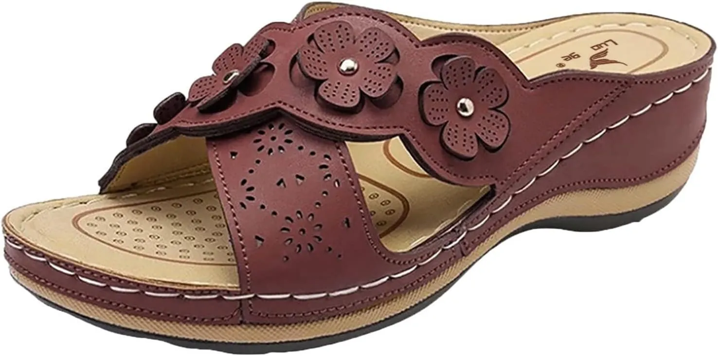 Women's Platform Wedge Orthopedic Sandals Comfort Open Toe Cross Strap Flowers Slide Sandal Slip On Slippers