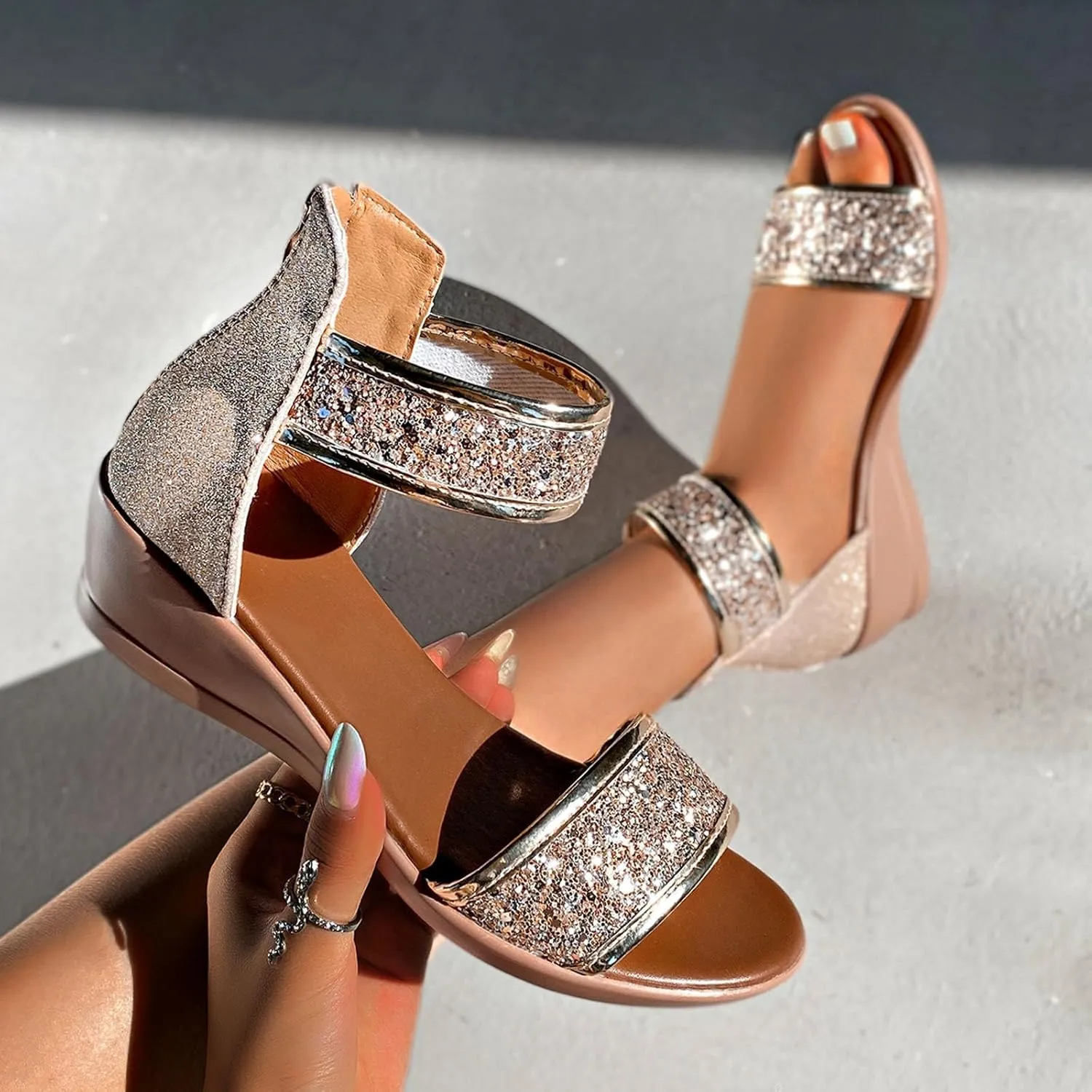 Womens Rhinestone Sandals Sparkly Dress Shoes For Women Strappy Dressy Arch Support Summer Wedges for Prom Party