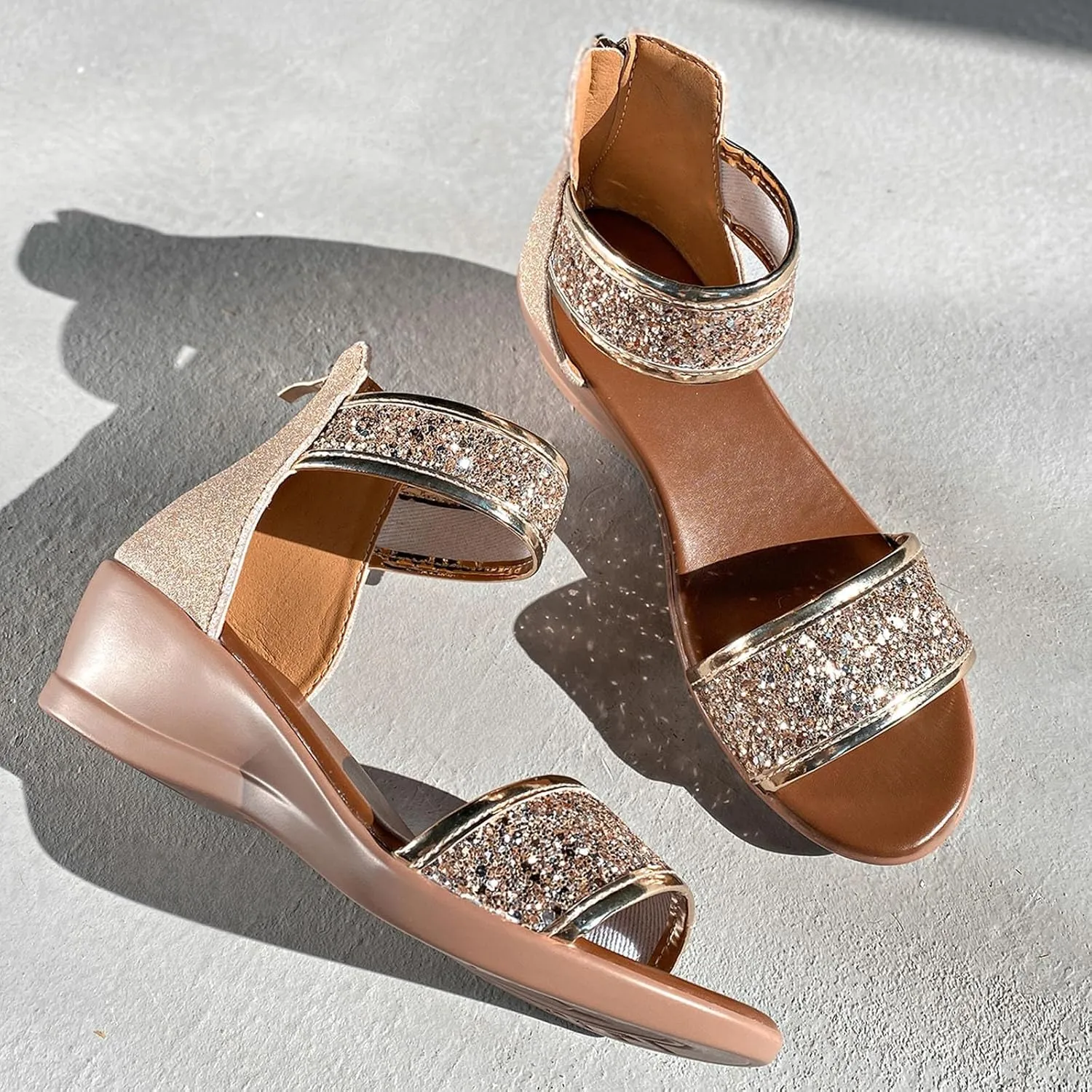 Womens Rhinestone Sandals Sparkly Dress Shoes For Women Strappy Dressy Arch Support Summer Wedges for Prom Party