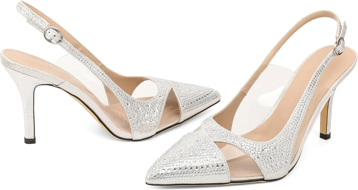 Women's Stiletto Heels for Women Sparkly Heeled Pump Rhinestone Heel Slingback Pumps Pointed Toe Shoes Elegant 3.5 Inch