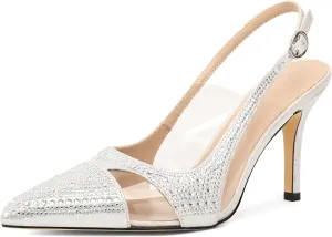 Women's Stiletto Heels for Women Sparkly Heeled Pump Rhinestone Heel Slingback Pumps Pointed Toe Shoes Elegant 3.5 Inch