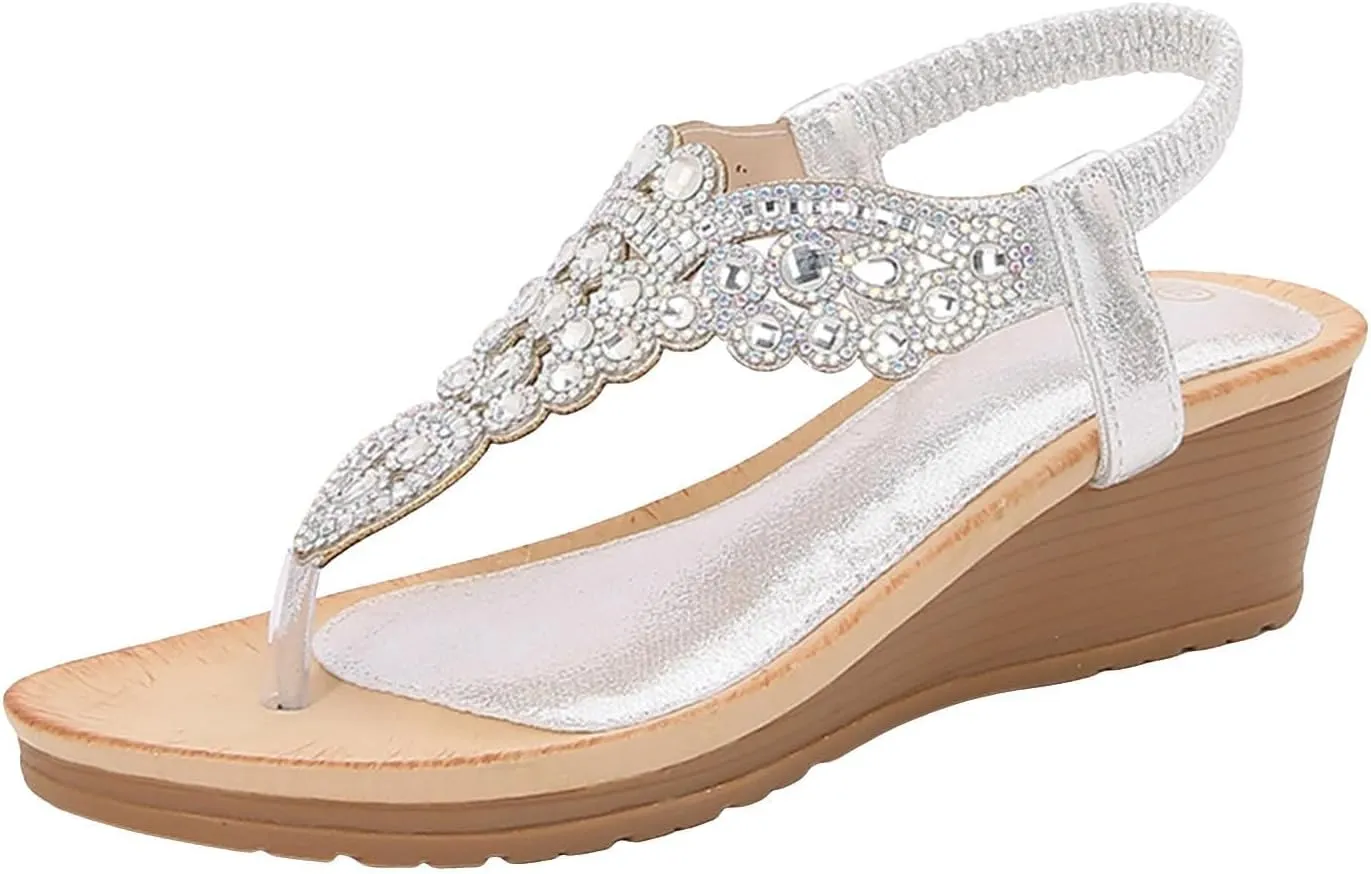 Womens Thong Sandals Arch Support Orthotic Adjustable Flip Flop Beach Glitter Bohemian Ankle Strap Wedge Shoes