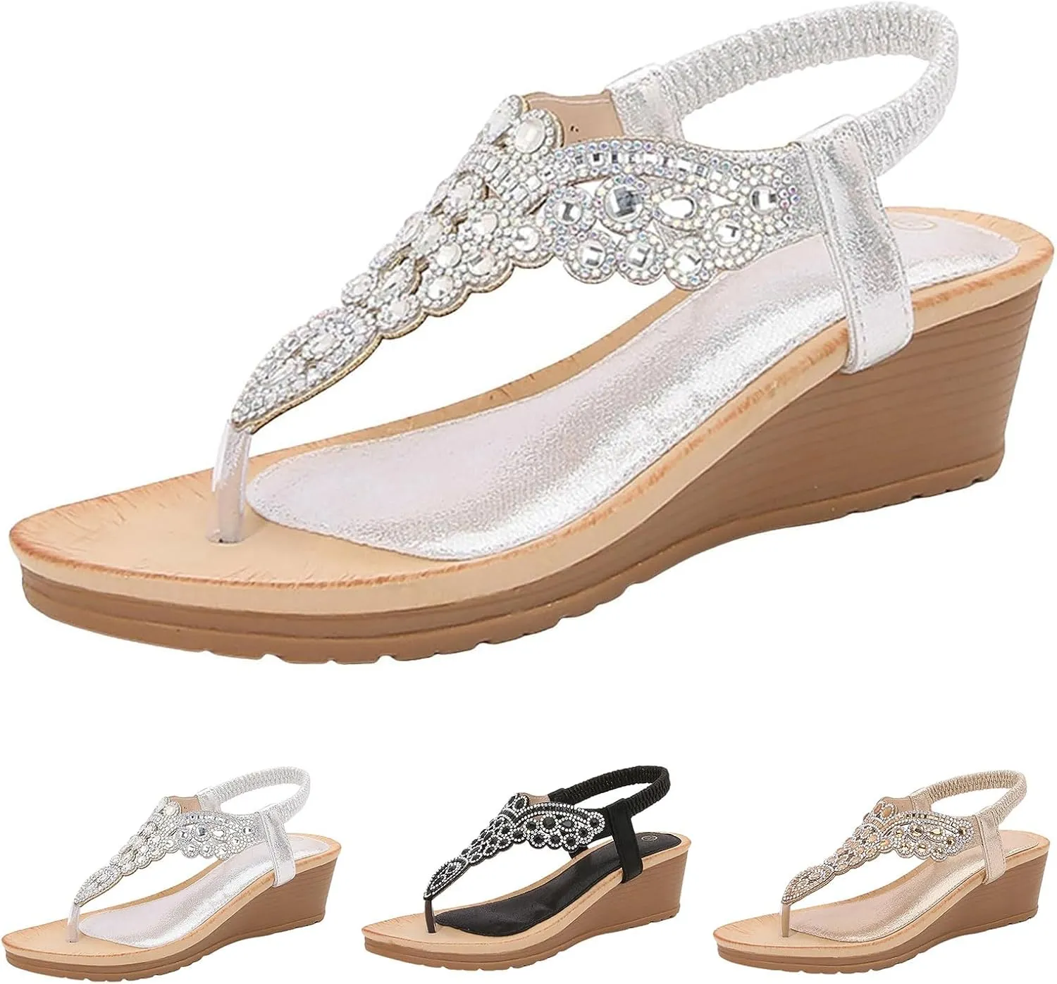 Womens Thong Sandals Arch Support Orthotic Adjustable Flip Flop Beach Glitter Bohemian Ankle Strap Wedge Shoes