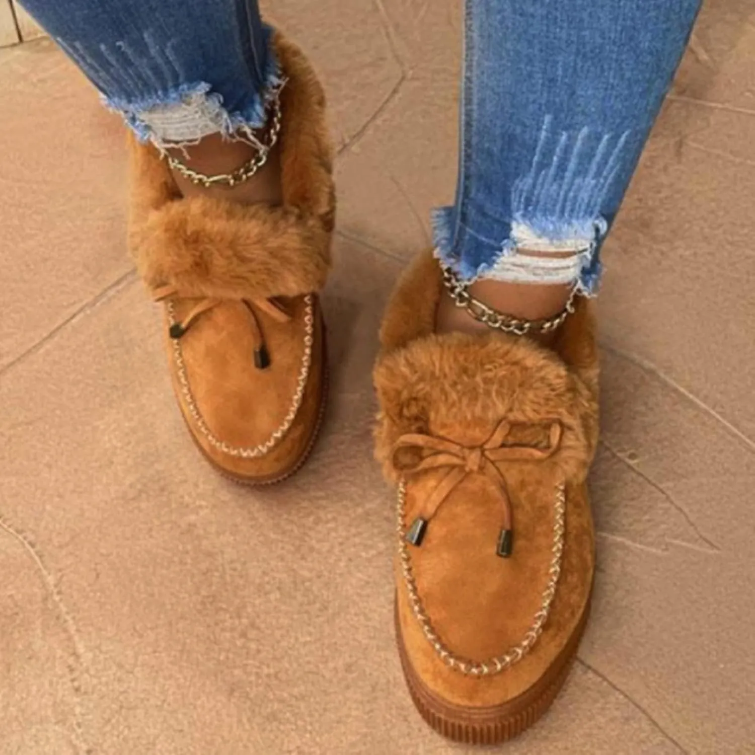 ZBYY Women's Flat Boots Warm Durable Shoes Winter Fur Lining Ankle Snow Boots Flats Platform Thick Plush Walking Loafer
