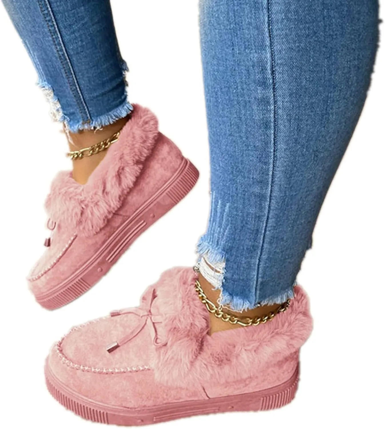 ZBYY Women's Flat Boots Warm Durable Shoes Winter Fur Lining Ankle Snow Boots Flats Platform Thick Plush Walking Loafer