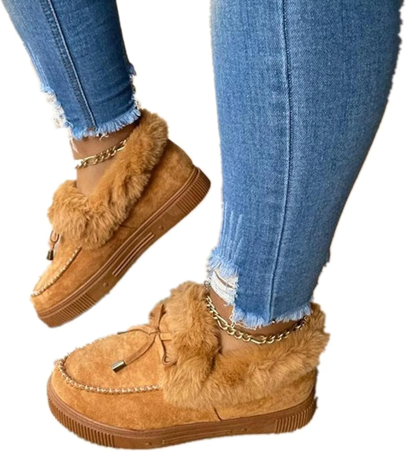 ZBYY Women's Winter Flat Boots Warm Durable Shoes Fur Lining Ankle Snow Boots Flats Platform Thick Plush Walking Loafer